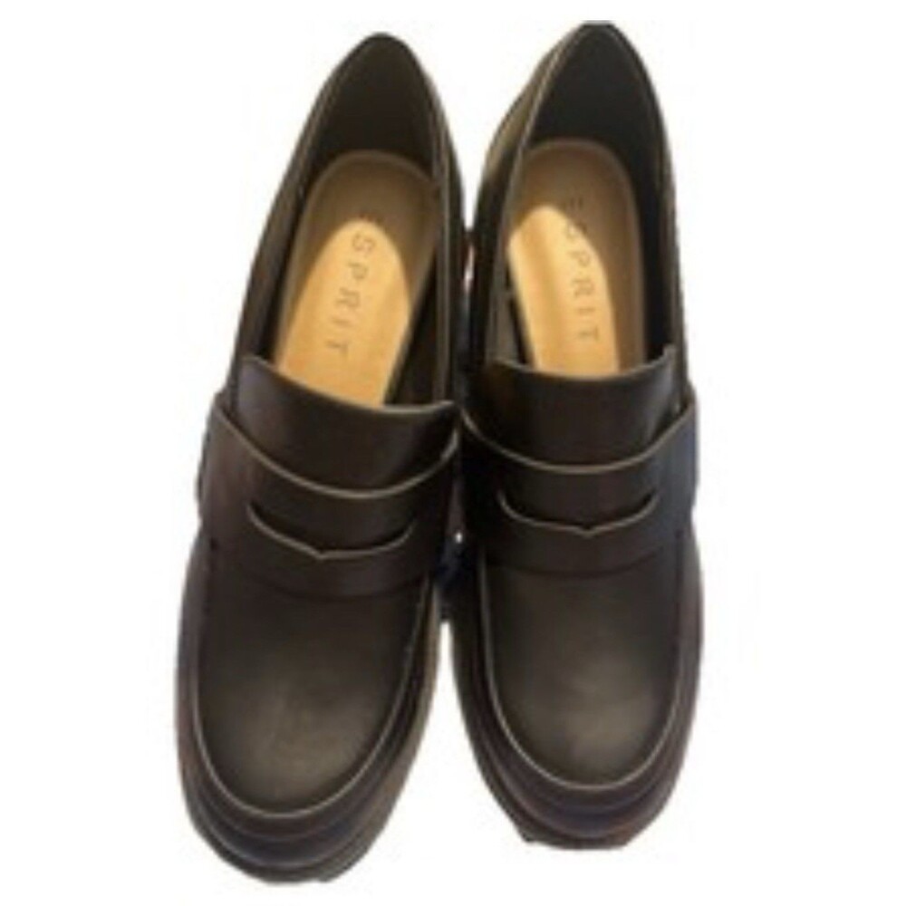 Esprit Black Leather Loafers Round Toe Slip On Chunky Block Heel 9.5M